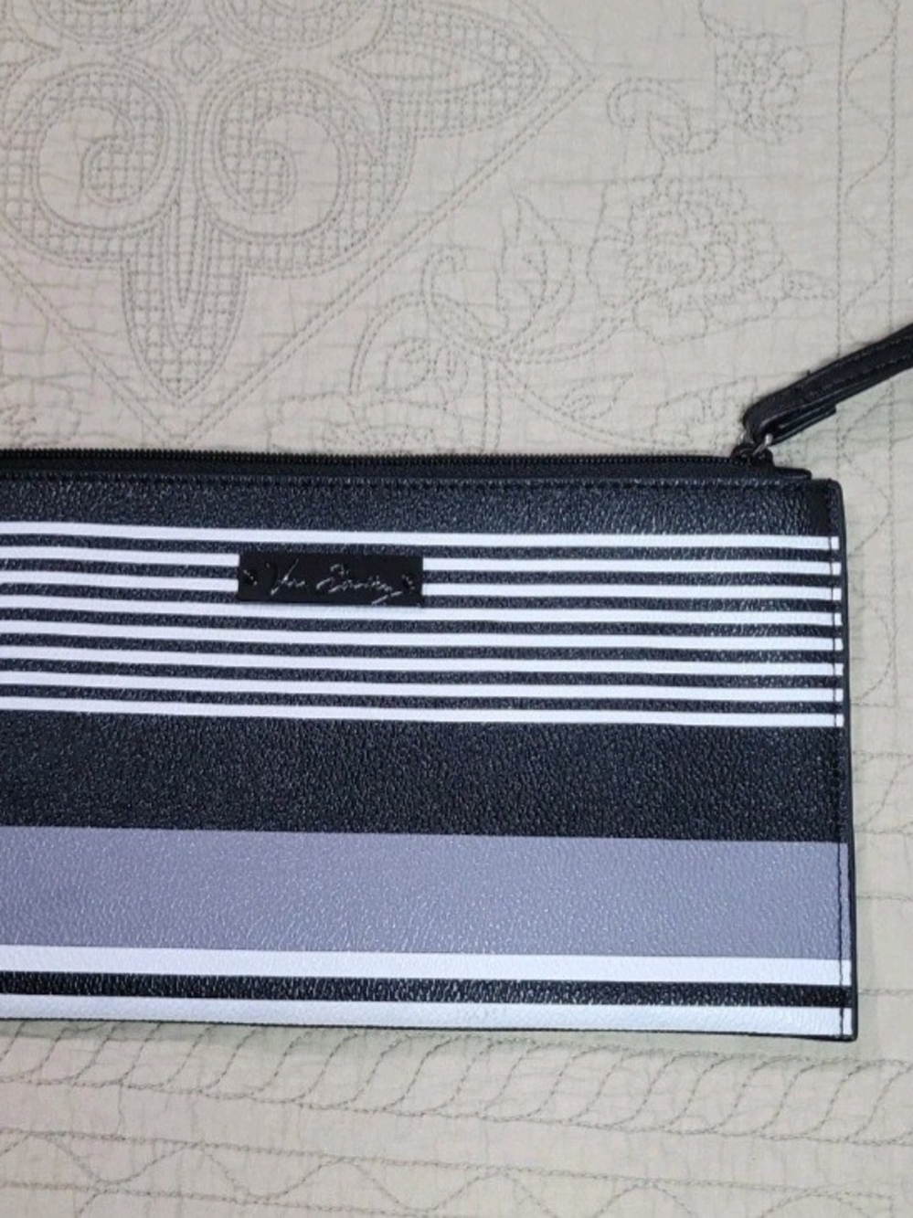 Vera Bradley zip around wristlet midnight stripe Purse Wallet Black,White, Grey